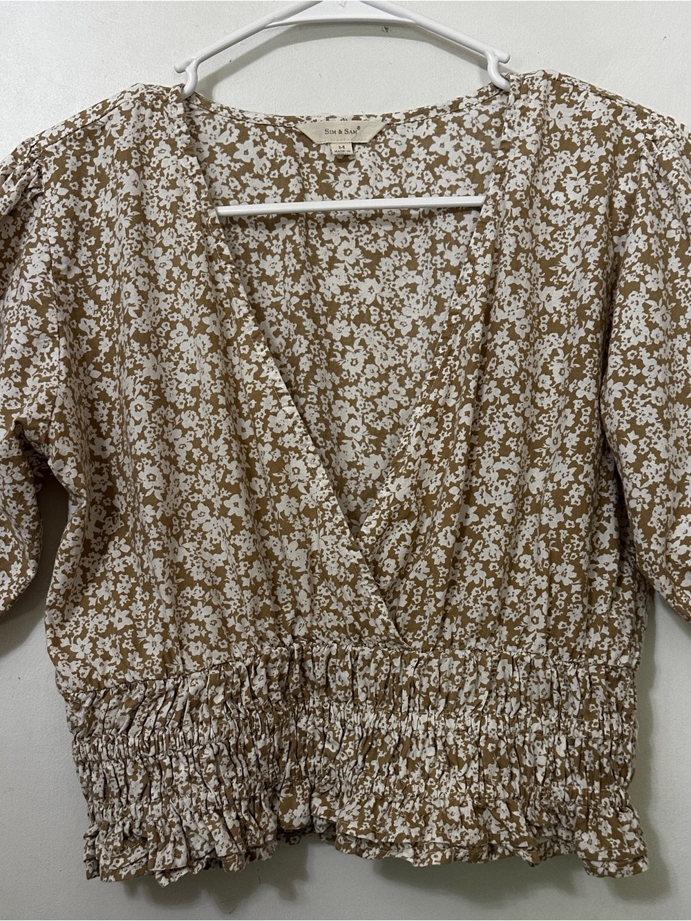Sim & Sam Tan Floral Wrap-Style Smocked Waist Blouse